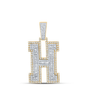 Men's Diamond Charm Pendant | 10kt Two-tone Gold Mens Baguette Diamond H Initial Letter Charm Pendant 2 Cttw | Splendid Jewellery GND