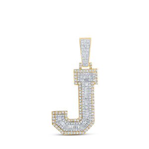 Men's Diamond Charm Pendant | 10kt Two-tone Gold Mens Baguette Diamond J Initial Letter Charm Pendant 1-3/8 Cttw | Splendid Jewellery GND