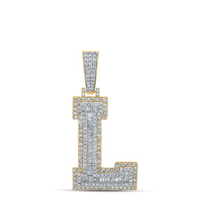 Men's Diamond Charm Pendant | 10kt Two-tone Gold Mens Baguette Diamond L Initial Letter Charm Pendant 1-1/2 Cttw | Splendid Jewellery GND