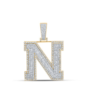 Men's Diamond Charm Pendant | 10kt Two-tone Gold Mens Baguette Diamond N Initial Letter Charm Pendant 2-5/8 Cttw | Splendid Jewellery GND