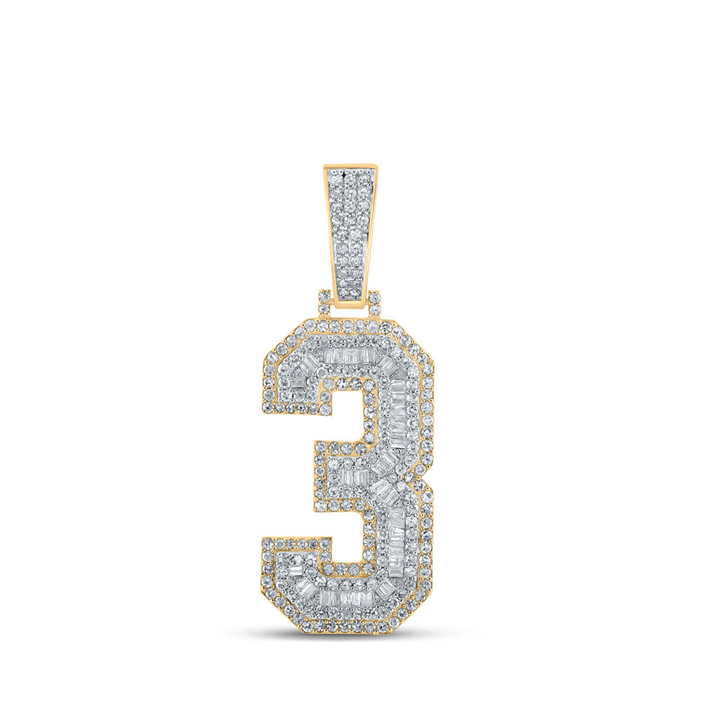 Men's Diamond Charm Pendant | 10kt Two-tone Gold Mens Baguette Diamond Number 3 Charm Pendant 1-1/2 Cttw | Splendid Jewellery GND