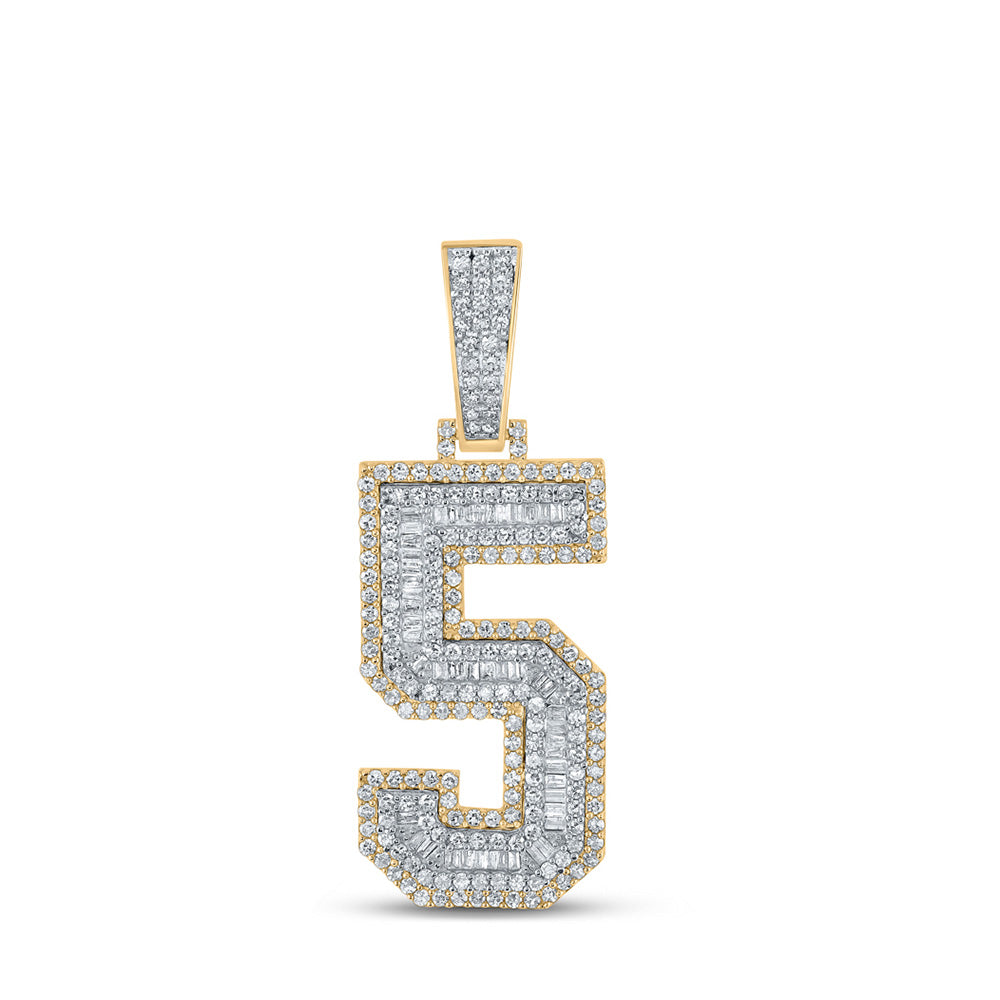 Men's Diamond Charm Pendant | 10kt Two-tone Gold Mens Baguette Diamond Number 5 Charm Pendant 1-5/8 Cttw | Splendid Jewellery GND