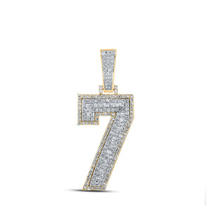 Men's Diamond Charm Pendant | 10kt Two-tone Gold Mens Baguette Diamond Number 7 Charm Pendant 1-1/3 Cttw | Splendid Jewellery GND