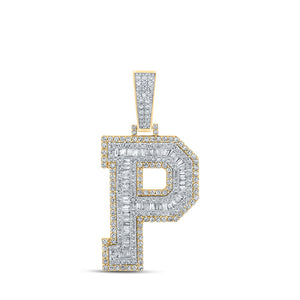 Men's Diamond Charm Pendant | 10kt Two-tone Gold Mens Baguette Diamond P Initial Letter Charm Pendant 1-7/8 Cttw | Splendid Jewellery GND