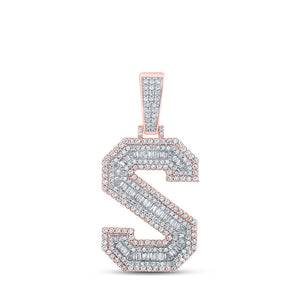 Men's Diamond Charm Pendant | 10kt Two-tone Gold Mens Baguette Diamond S Initial Letter Charm Pendant 1-3/4 Cttw | Splendid Jewellery GND