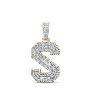 Men's Diamond Charm Pendant | 10kt Two-tone Gold Mens Baguette Diamond S Letter Charm Pendant 1-3/4 Cttw | Splendid Jewellery GND