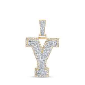 Men's Diamond Charm Pendant | 10kt Two-tone Gold Mens Baguette Diamond Y Initial Letter Charm Pendant 1-5/8 Cttw | Splendid Jewellery GND