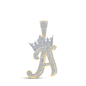 Men's Diamond Charm Pendant | 10kt Two-tone Gold Mens Round Diamond Crown A Letter Charm Pendant 1-1/2 Cttw | Splendid Jewellery GND