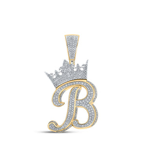 Men's Diamond Charm Pendant | 10kt Two-tone Gold Mens Round Diamond Crown B Letter Charm Pendant 1-1/2 Cttw | Splendid Jewellery GND