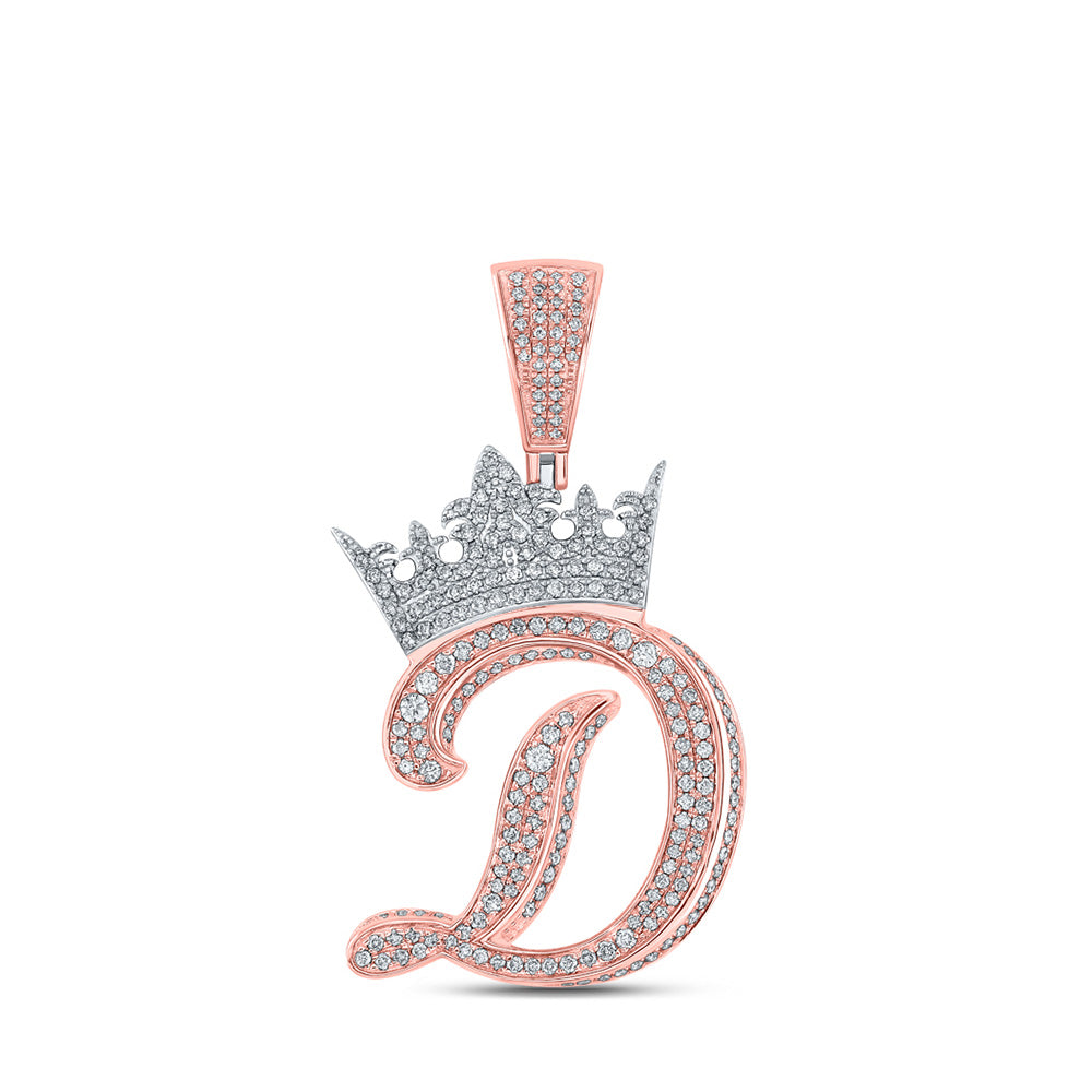 Men's Diamond Charm Pendant | 10kt Two-tone Gold Mens Round Diamond Crown D Letter Charm Pendant 1-5/8 Cttw | Splendid Jewellery GND