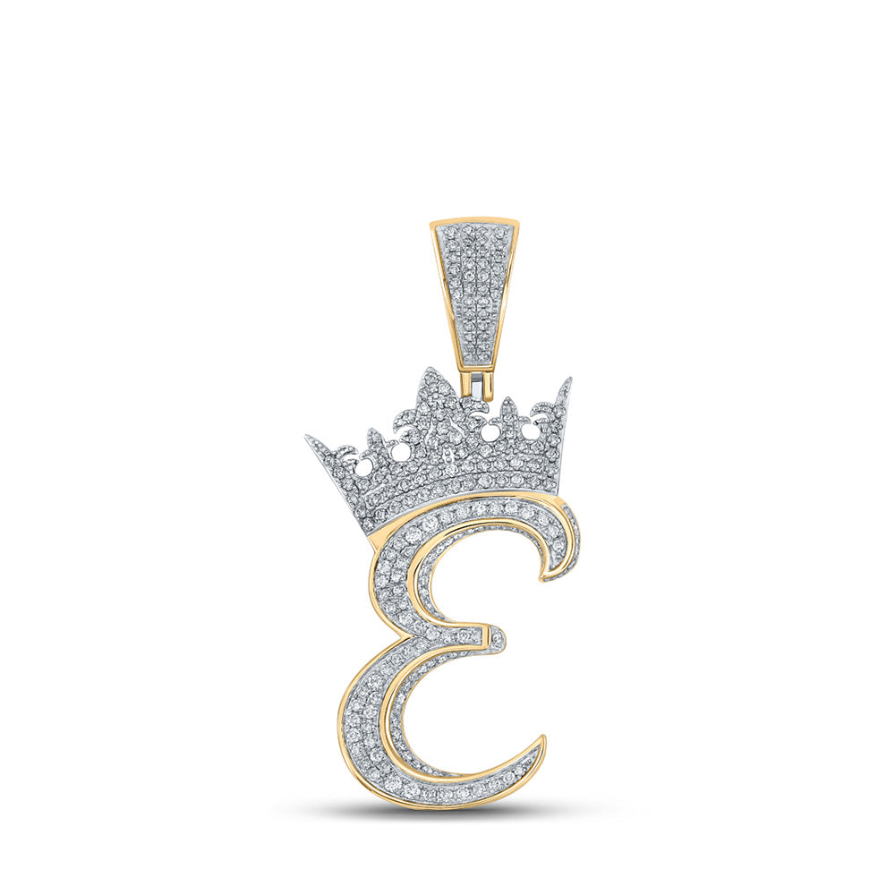 Men's Diamond Charm Pendant | 10kt Two-tone Gold Mens Round Diamond Crown E Letter Charm Pendant 1-1/5 Cttw | Splendid Jewellery GND