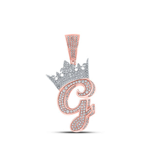 Men's Diamond Charm Pendant | 10kt Two-tone Gold Mens Round Diamond Crown G Letter Charm Pendant 1-3/8 Cttw | Splendid Jewellery GND