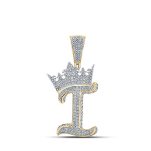 Men's Diamond Charm Pendant | 10kt Two-tone Gold Mens Round Diamond Crown I Letter Charm Pendant 1-1/3 Cttw | Splendid Jewellery GND