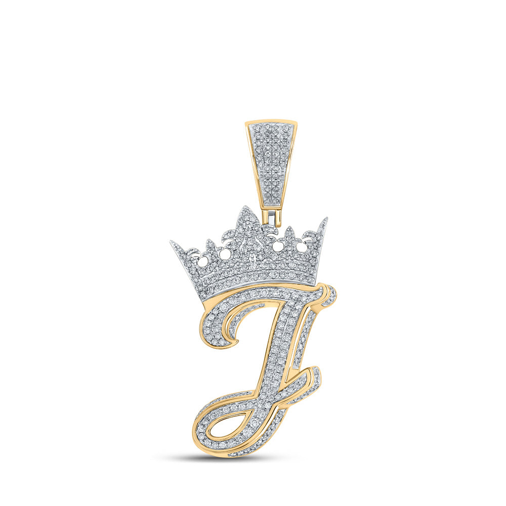 Men's Diamond Charm Pendant | 10kt Two-tone Gold Mens Round Diamond Crown J Letter Charm Pendant 1-1/4 Cttw | Splendid Jewellery GND