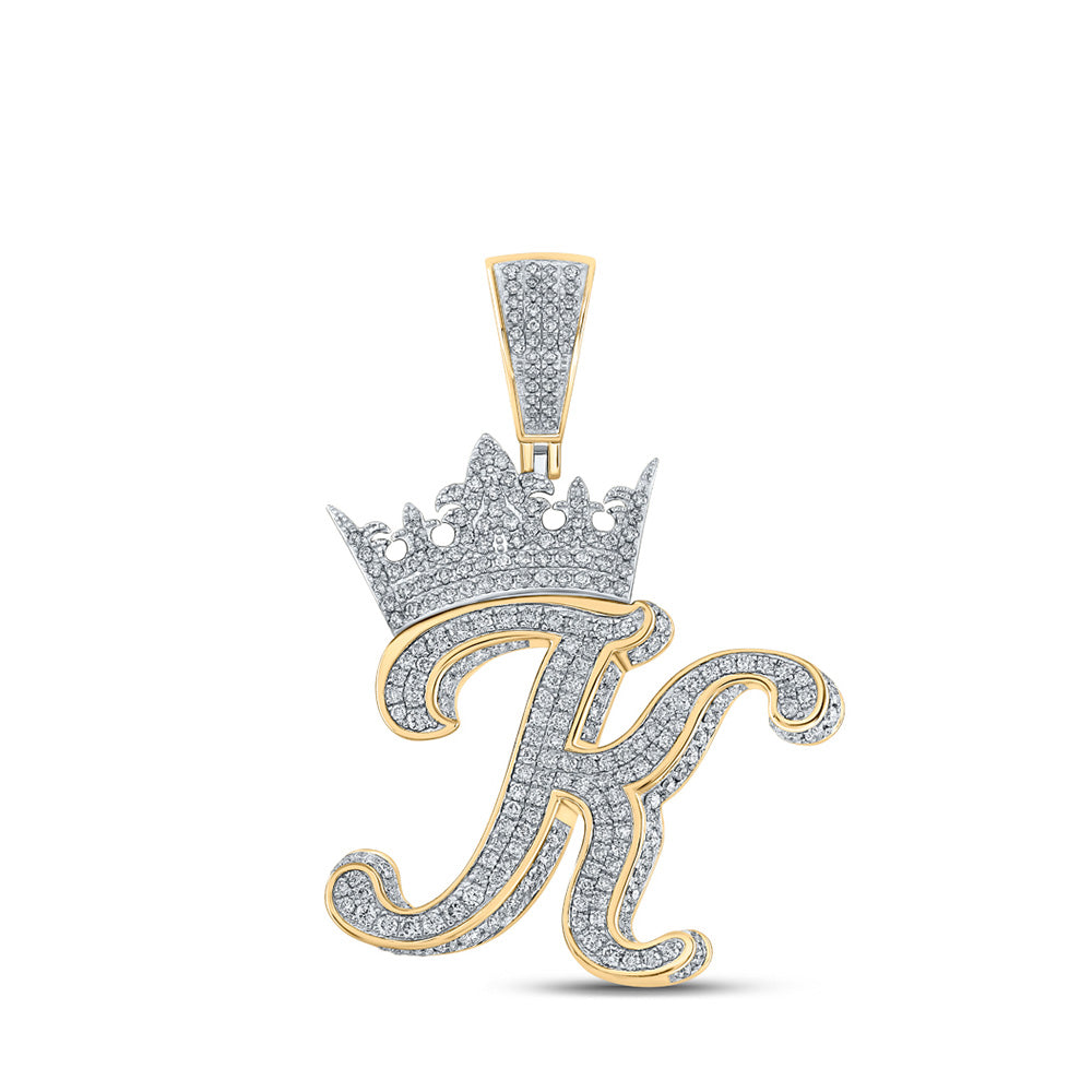 Men's Diamond Charm Pendant | 10kt Two-tone Gold Mens Round Diamond Crown K Letter Charm Pendant 1-7/8 Cttw | Splendid Jewellery GND
