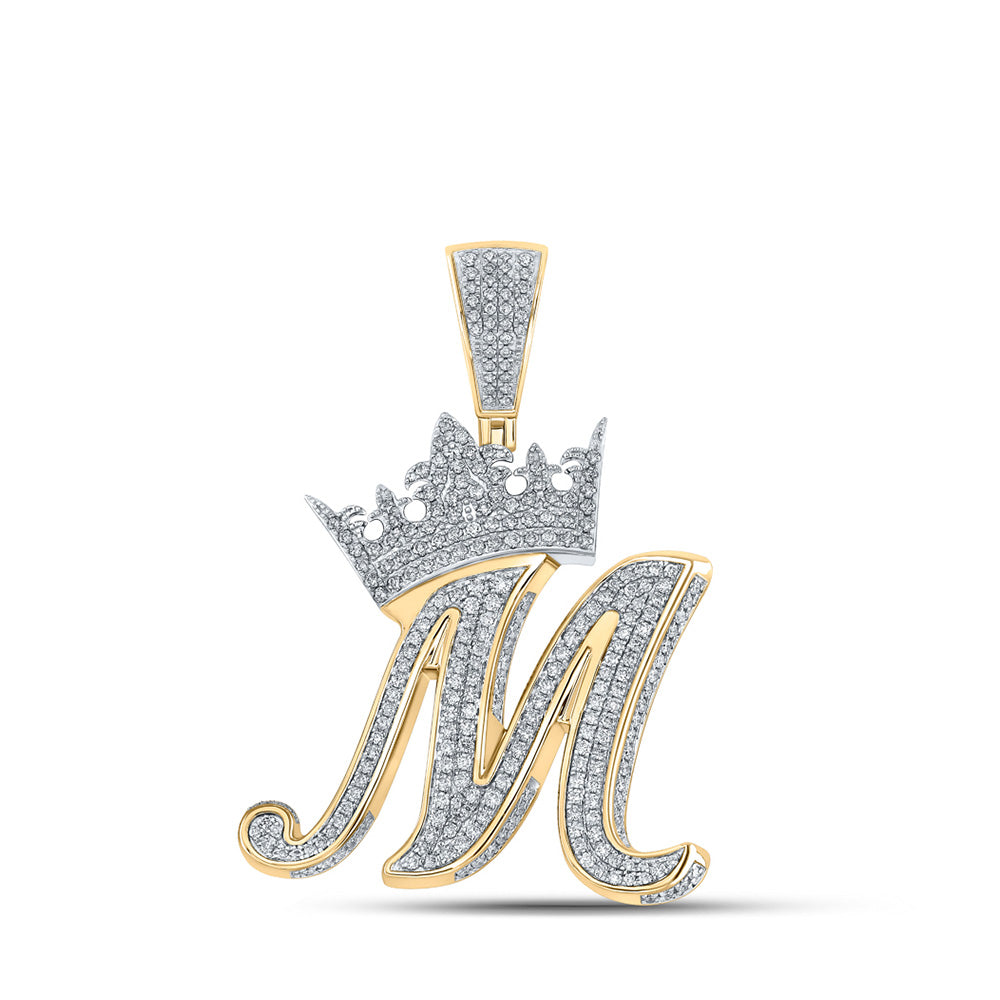 Men's Diamond Charm Pendant | 10kt Two-tone Gold Mens Round Diamond Crown M Letter Charm Pendant 1-3/4 Cttw | Splendid Jewellery GND