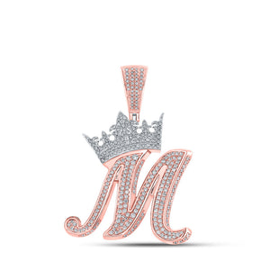 Men's Diamond Charm Pendant | 10kt Two-tone Gold Mens Round Diamond Crown M Letter Charm Pendant 1-3/4 Cttw | Splendid Jewellery GND