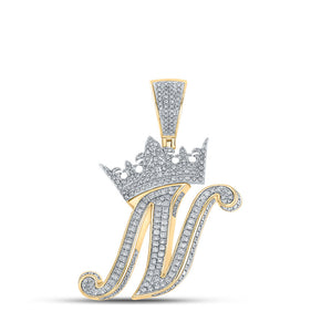 Men's Diamond Charm Pendant | 10kt Two-tone Gold Mens Round Diamond Crown N Letter Charm Pendant 1-3/8 Cttw | Splendid Jewellery GND