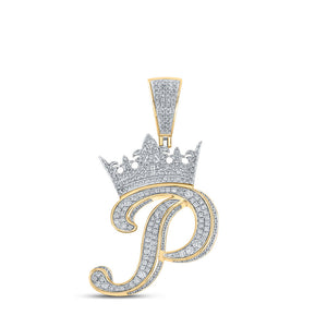 Men's Diamond Charm Pendant | 10kt Two-tone Gold Mens Round Diamond Crown P Letter Charm Pendant 1-1/2 Cttw | Splendid Jewellery GND