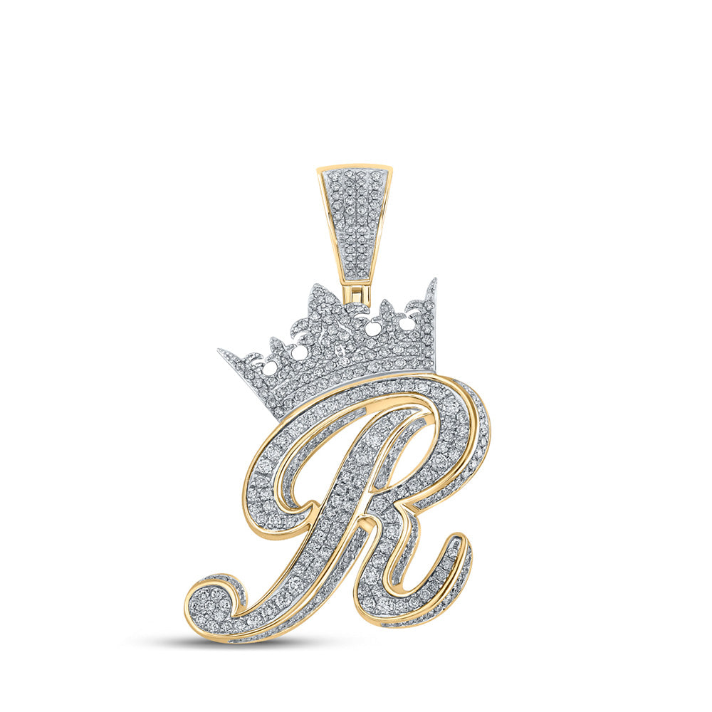 Men's Diamond Charm Pendant | 10kt Two-tone Gold Mens Round Diamond Crown R Letter Charm Pendant 1-7/8 Cttw | Splendid Jewellery GND
