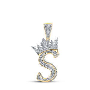 Men's Diamond Charm Pendant | 10kt Two-tone Gold Mens Round Diamond Crown S Letter Charm Pendant 1-1/5 Cttw | Splendid Jewellery GND