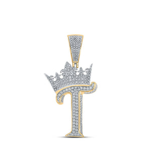 Men's Diamond Charm Pendant | 10kt Two-tone Gold Mens Round Diamond Crown T Letter Charm Pendant 1 Cttw | Splendid Jewellery GND