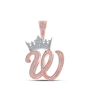 Men's Diamond Charm Pendant | 10kt Two-tone Gold Mens Round Diamond Crown W Letter Charm Pendant 1-3/4 Cttw | Splendid Jewellery GND