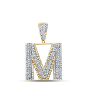 Men's Diamond Charm Pendant | 10kt Two-tone Gold Mens Round Diamond Initial M Letter Charm Pendant 1-1/5 Cttw | Splendid Jewellery GND