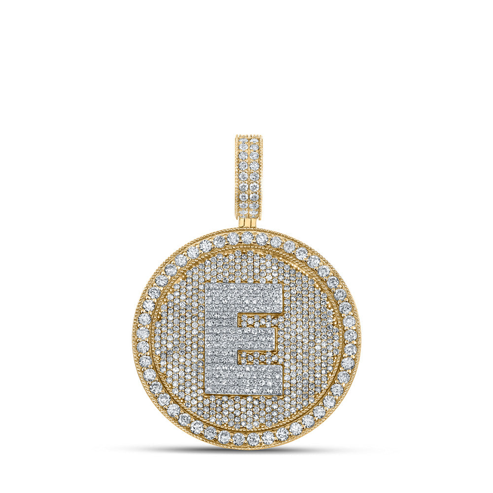 Men's Diamond Charm Pendant | 10kt Two-tone Gold Mens Round Diamond Letter E Circle Charm Pendant 4 Cttw | Splendid Jewellery GND