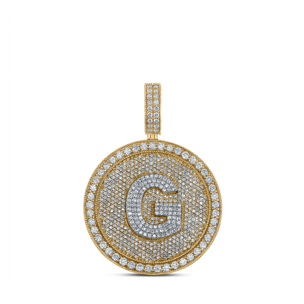 Men's Diamond Charm Pendant | 10kt Two-tone Gold Mens Round Diamond Letter G Circle Charm Pendant 3-3/4 Cttw | Splendid Jewellery GND