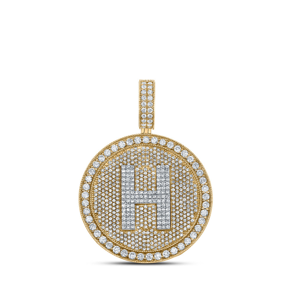 Men's Diamond Charm Pendant | 10kt Two-tone Gold Mens Round Diamond Letter H Circle Charm Pendant 3-3/4 Cttw | Splendid Jewellery GND