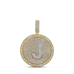 Men's Diamond Charm Pendant | 10kt Two-tone Gold Mens Round Diamond Letter J Circle Charm Pendant 3-7/8 Cttw | Splendid Jewellery GND