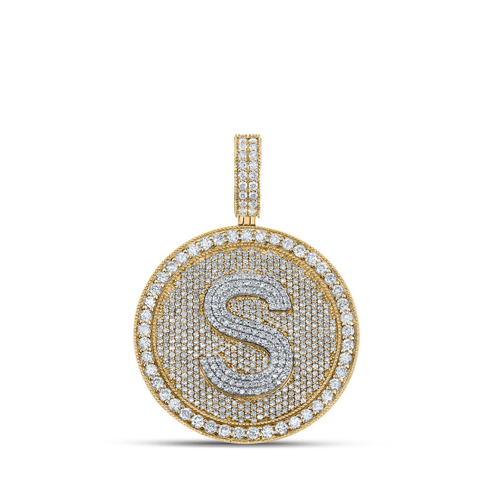 Men's Diamond Charm Pendant | 10kt Two-tone Gold Mens Round Diamond Letter S Circle Charm Pendant 3-3/4 Cttw | Splendid Jewellery GND
