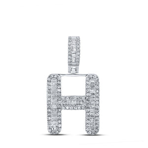Men's Diamond Charm Pendant | 10kt White Gold Mens Baguette Diamond H Initial Letter Pendant 1/2 Cttw | Splendid Jewellery GND
