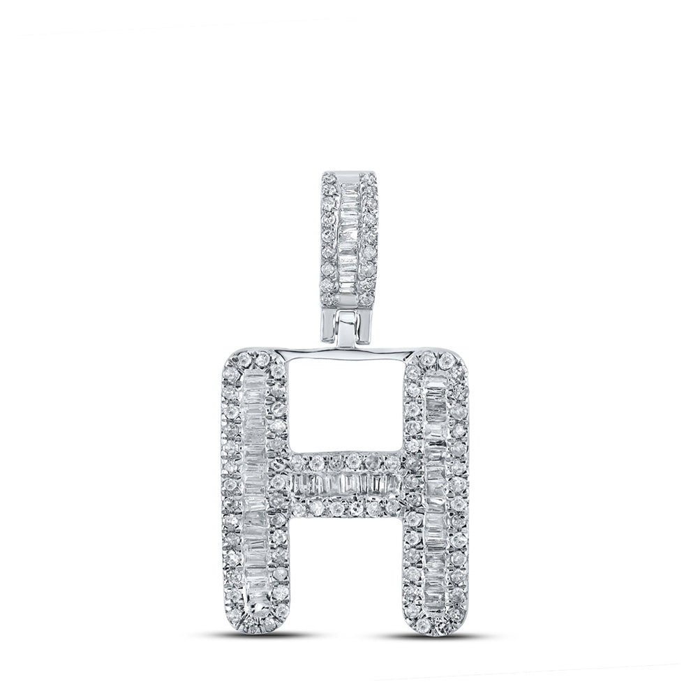 Men's Diamond Charm Pendant | 10kt White Gold Mens Baguette Diamond H Initial Letter Pendant 1/2 Cttw | Splendid Jewellery GND
