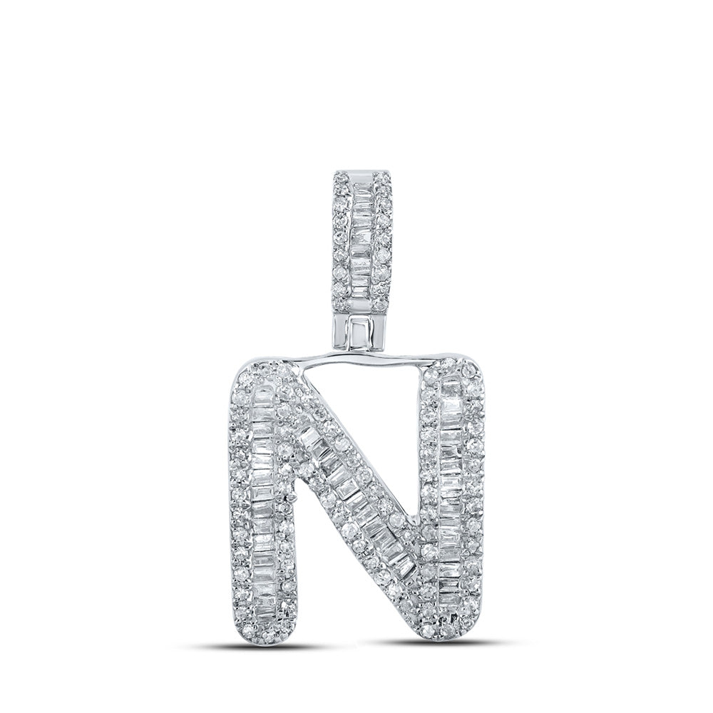 Men's Diamond Charm Pendant | 10kt White Gold Mens Baguette Diamond N Initial Letter Pendant 1/2 Cttw | Splendid Jewellery GND