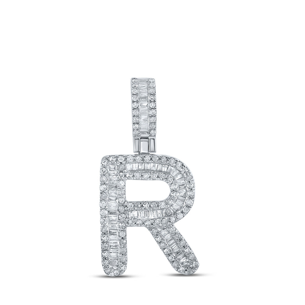 Men's Diamond Charm Pendant | 10kt White Gold Mens Baguette Diamond R Initial Letter Pendant 1/2 Cttw | Splendid Jewellery GND