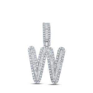 Men's Diamond Charm Pendant | 10kt White Gold Mens Baguette Diamond W Initial Letter Pendant 5/8 Cttw | Splendid Jewellery GND