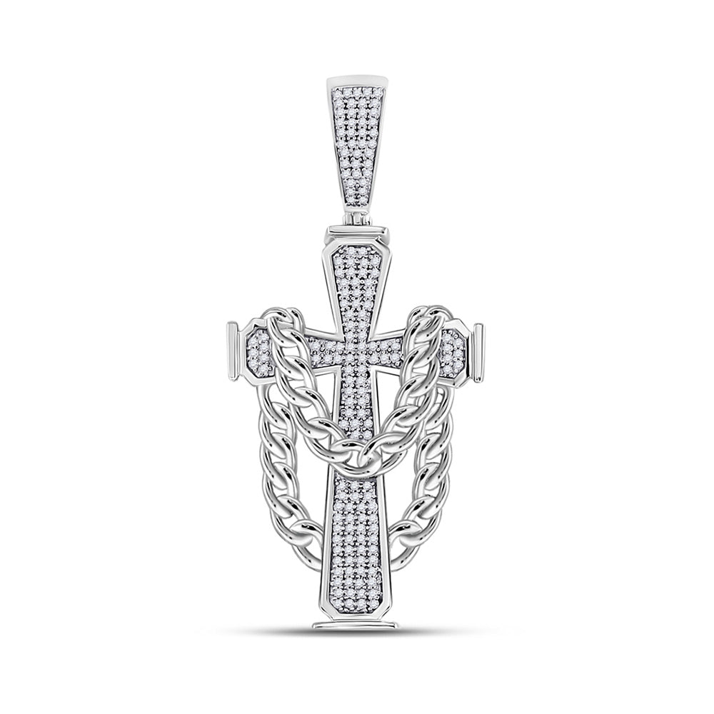 Men's Diamond Charm Pendant | 10kt White Gold Mens Round Diamond Cross Charm Pendant 3/8 Cttw | Splendid Jewellery GND
