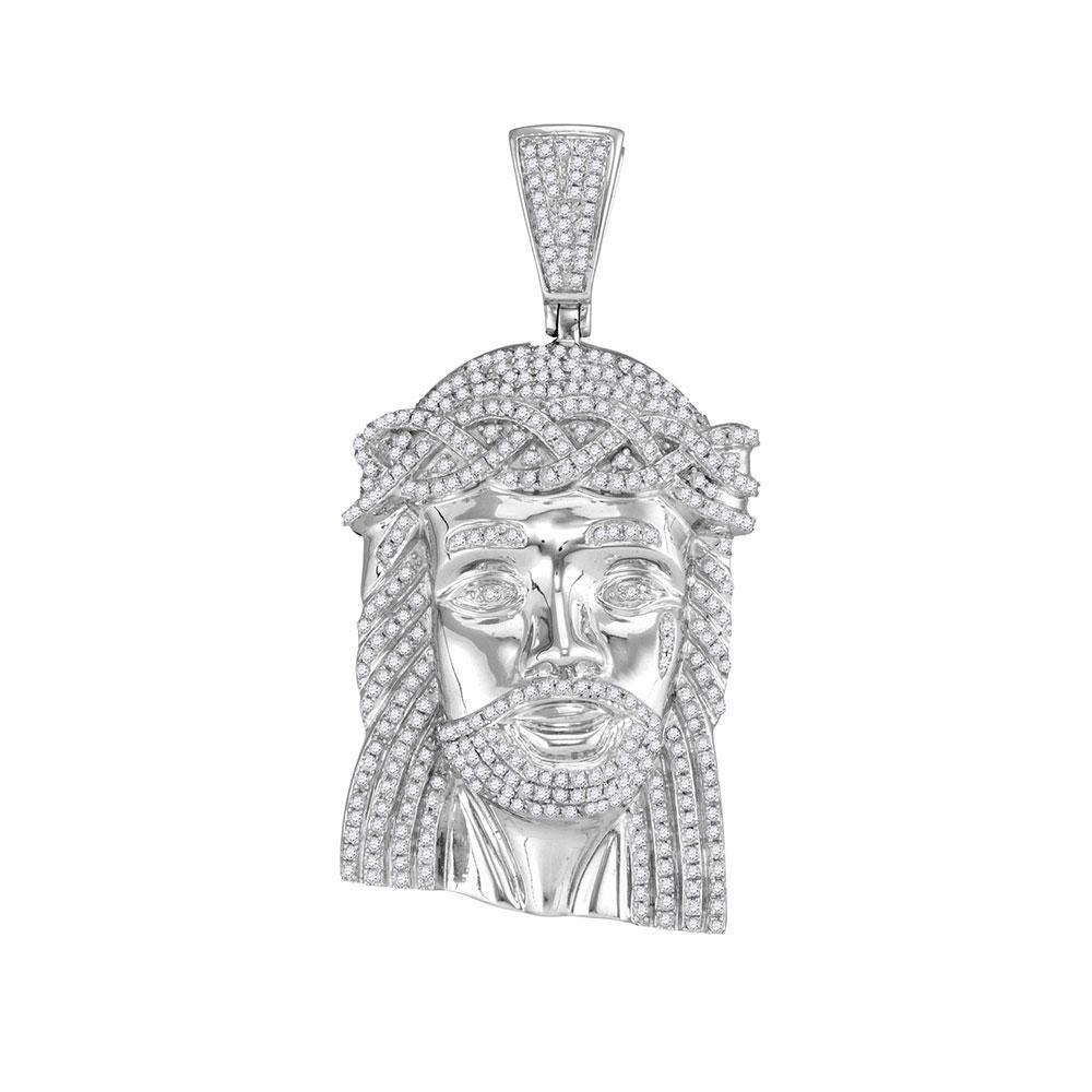 Men's Diamond Charm Pendant | 10kt White Gold Mens Round Diamond Jesus Face Charm Pendant 1-5/8 Cttw | Splendid Jewellery GND