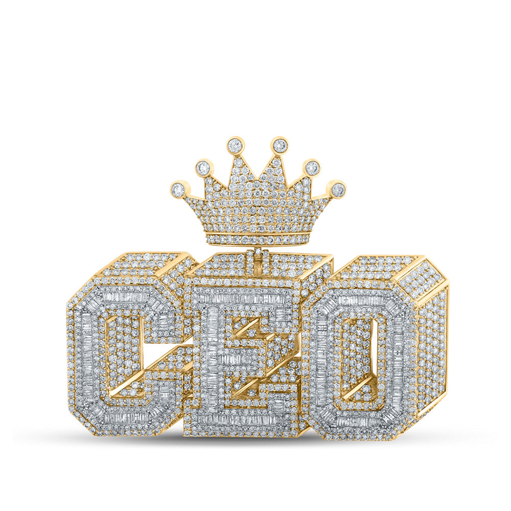 Men's Diamond Charm Pendant | 10kt Yellow Gold Mens Baguette Diamond 3D CEO Crown Charm Pendant 12-3/8 Cttw | Splendid Jewellery GND