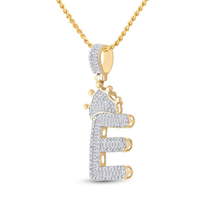 Men's Diamond Charm Pendant | 10kt Yellow Gold Mens Baguette Diamond Crown E Letter Charm Pendant 3/4 Cttw | Splendid Jewellery GND