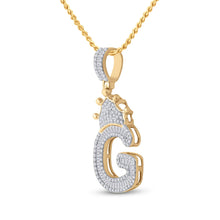 Load image into Gallery viewer, 10kt Yellow Gold Men&#39;s Baguette Diamond Crown G Letter Charm Pendant - 3/4 Cttw Side view from the 10Kt Yellow Gold Mens Baguette Diamond Crown G Letter Charm Pendant 3 4 Cttwpin284883 collection by Splendid Jewellery