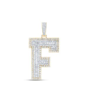 Men's Diamond Charm Pendant | 10kt Yellow Gold Mens Baguette Diamond F Initial Letter Charm Pendant 4-5/8 Cttw | Splendid Jewellery GND
