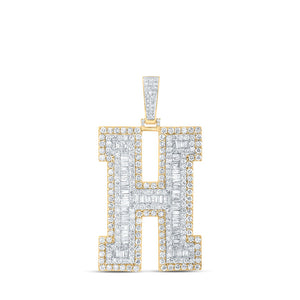 Men's Diamond Charm Pendant | 10kt Yellow Gold Mens Baguette Diamond H Initial Letter Charm Pendant 6 Cttw | Splendid Jewellery GND
