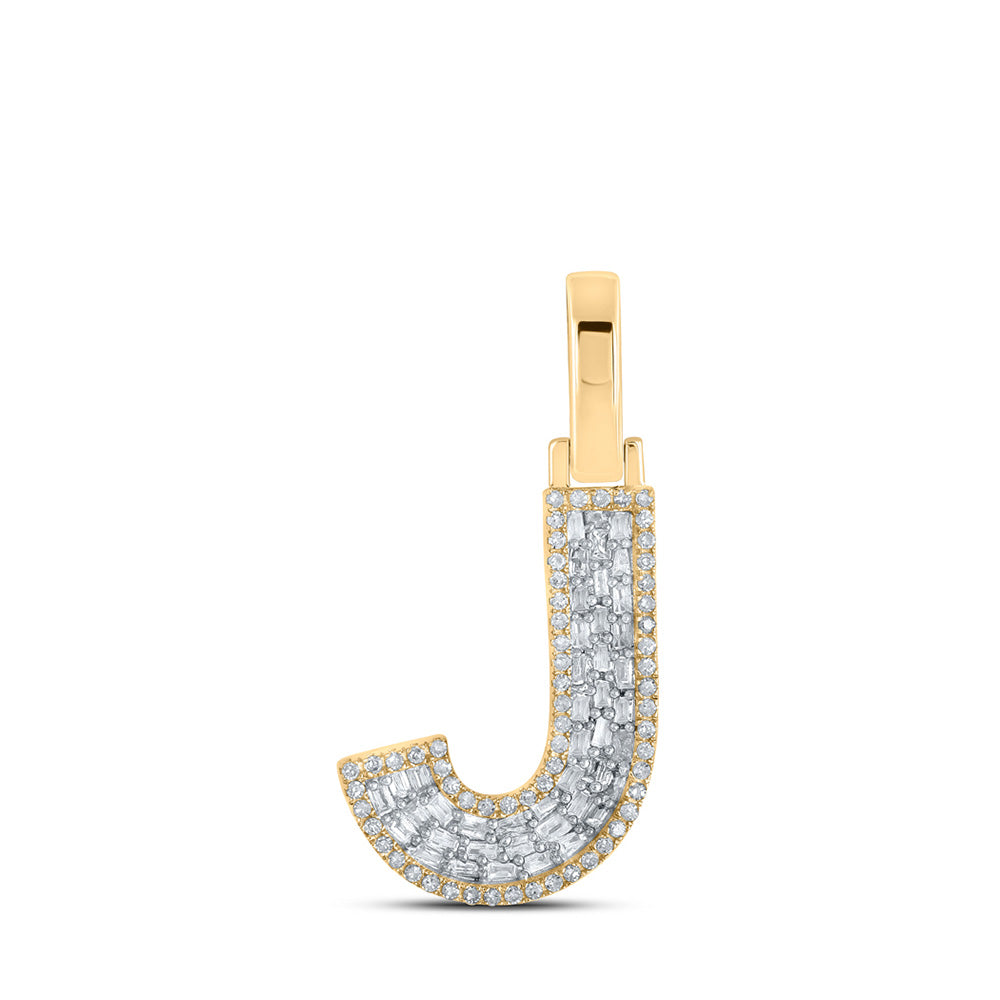Men's Diamond Charm Pendant | 10kt Yellow Gold Mens Baguette Diamond J Initial Letter Charm Pendant 1/3 Cttw | Splendid Jewellery GND