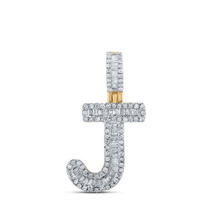 Men's Diamond Charm Pendant | 10kt Yellow Gold Mens Baguette Diamond J Initial Letter Pendant 3/8 Cttw | Splendid Jewellery GND