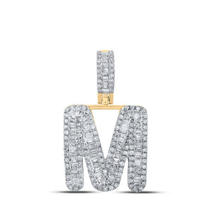 Men's Diamond Charm Pendant | 10kt Yellow Gold Mens Baguette Diamond M Initial Letter Pendant 3/4 Cttw | Splendid Jewellery GND