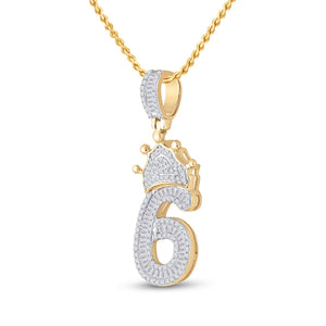 Men's Diamond Charm Pendant | 10kt Yellow Gold Mens Baguette Diamond Number 6 Crown Charm Pendant 3/4 Cttw | Splendid Jewellery GND