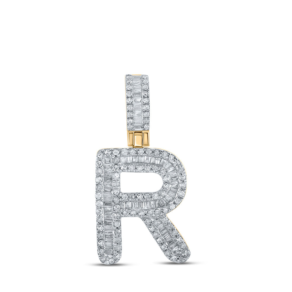 Men's Diamond Charm Pendant | 10kt Yellow Gold Mens Baguette Diamond R Initial Letter Pendant 1/2 Cttw | Splendid Jewellery GND